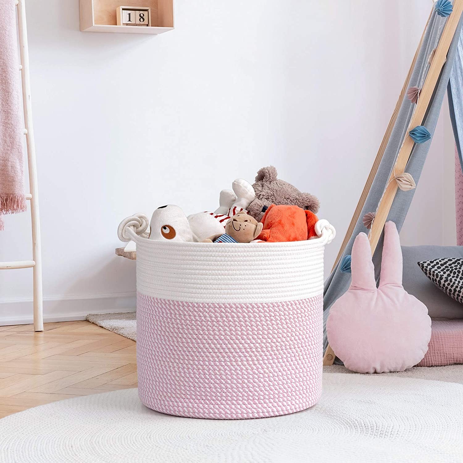 Bottom Toy Chest Soft INDRESSME Cotton Rope Basket Pink for Baby Nursery Room Woven Basket Cute Kids Laundry Hamper Blanket Basket 